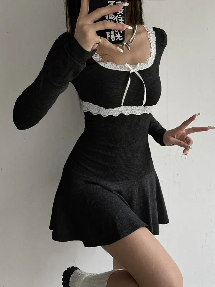 Patchwork Lace Square Neck Mini Dress - View 4 | VelvetHem