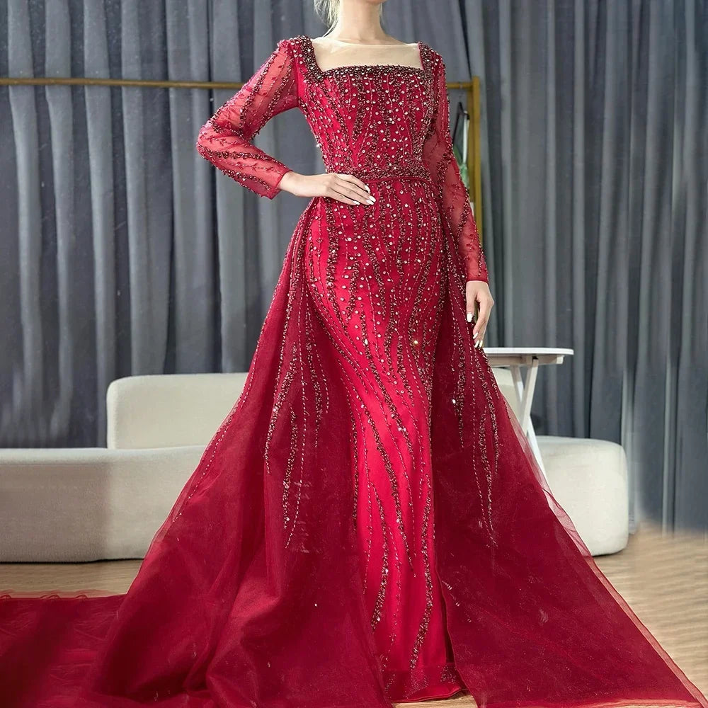 Zapdress Customized Wine red Long Sleeves Mermaid Beaded Evening Dresses with Overskirt Party Gowns for Women (ZD17206)