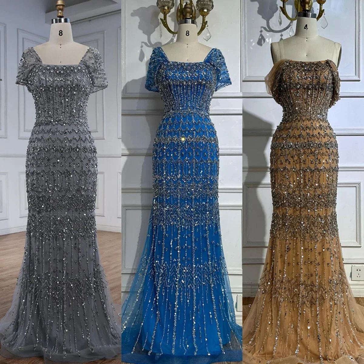 Zapdress Blue Mermaid Beaded Evening Dresses with Detachable Sleeves Elegant Party Gowns for Women DLA72714 Customized (ZD17361)