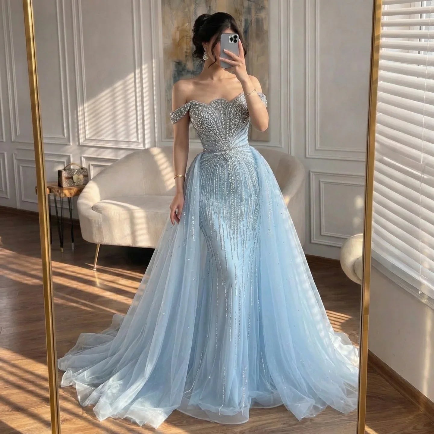 Zapdress Green Mermaid Beaded Evening Party Gown 2026 Elegant Off-Shoulder Runway Dress with Overskirt Customized (ZD17288)