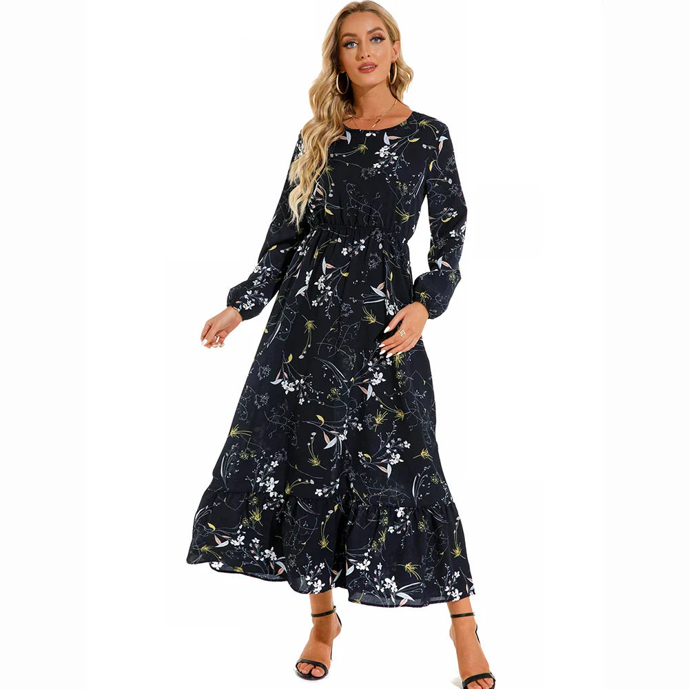 Natasha Effortless Women's Bohemian Floral Chiffon Maxi Dress with Long Sleeves Elevated Occasion Wear