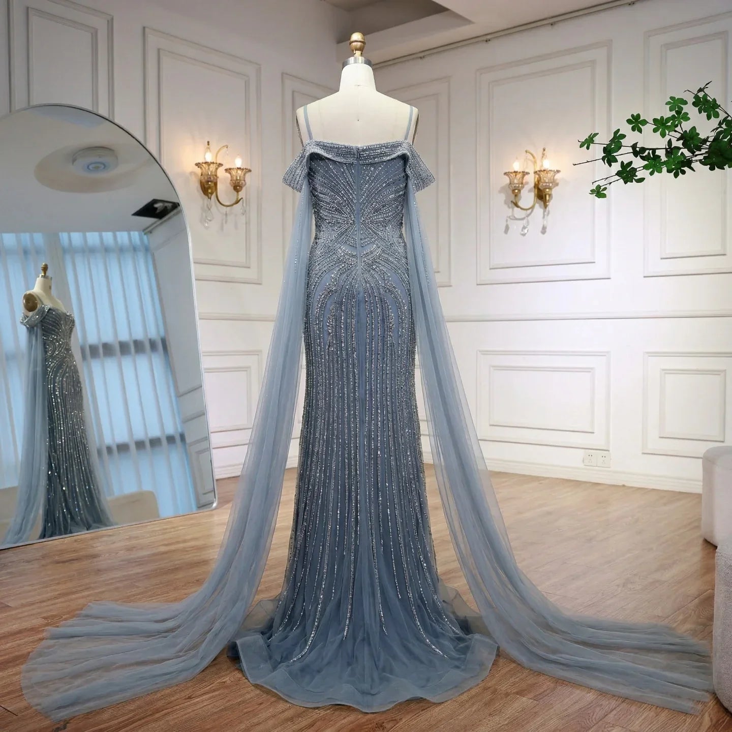 Zapdress Dusty Blue Off-Shoulder Evening Dress Heavy Beaded Mermaid Party Gown with Elegant Cape Sleeves Customized (ZD17286)
