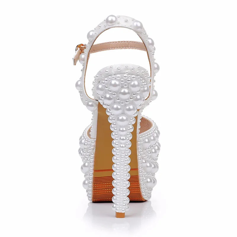Luxury Full Pearls Beaded Peep toe Women Gladiator Sandals Fashion Summer Platform Wedges 14cm High heels Wedding Party Shoes - View 3 | FashionDia