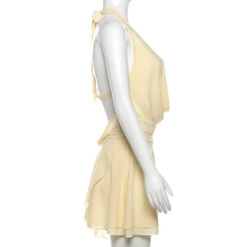 V Neck Sexy Fashion Mini Dress For Women Ruffled Backless Lace Up Patchwork Mesh Autumn Slim Solid Female Party Dress
