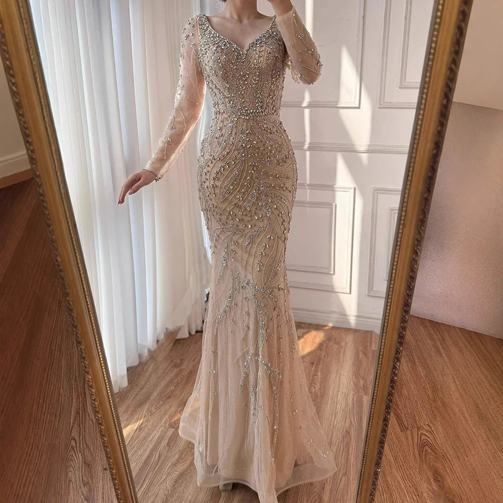 Zapdress Pink V-neck Long Sleeves Mermaid Luxury Beaded Evening Dress 2026 Wedding Party Gowns DLA73191 Customized (ZD17300)