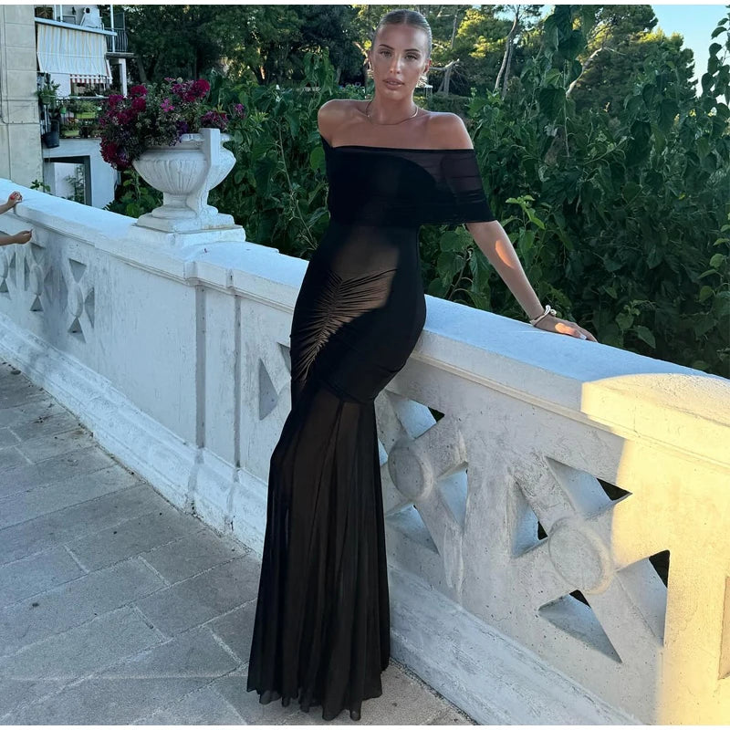 Patchwork Mesh Off Shoulder Midi Dress - View 7 | VelvetHem