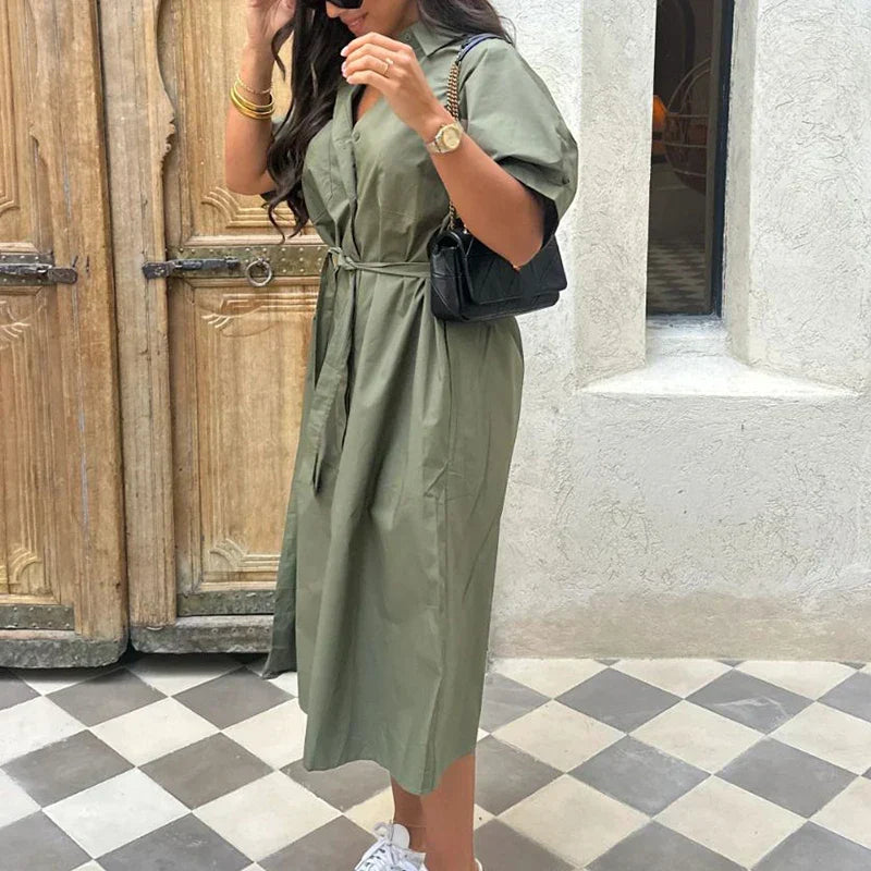 Lapel Tie Up Short Sleeve Single Breasted Long Work Dress - View 2 | VelvetHem