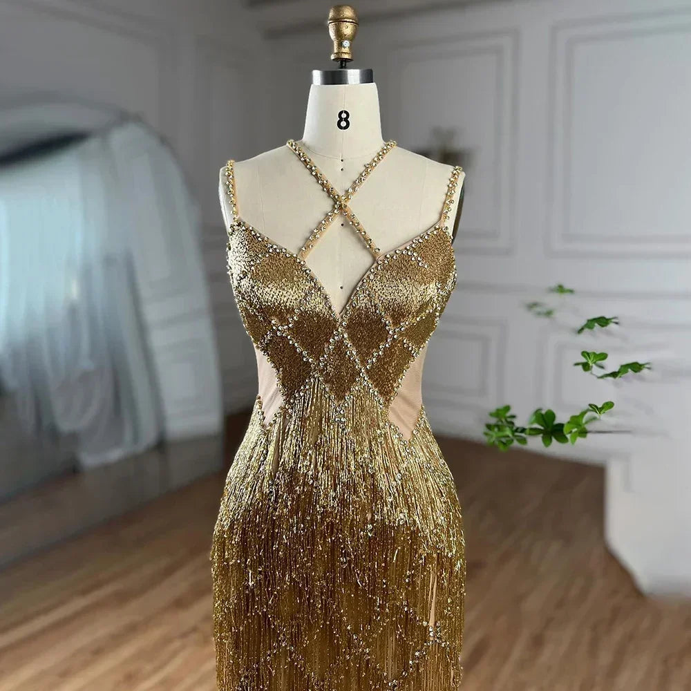 Zapdress Silver Mermaid Gold Evening Gowns Luxury Beaded Tassel Spaghetti Strap Party Dresses For Women DLA72280 Customized (ZD17197)