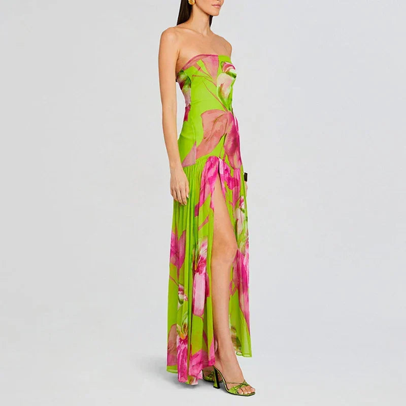 Printed Strapless Pleated Midi Dress - View 2 | VelvetHem