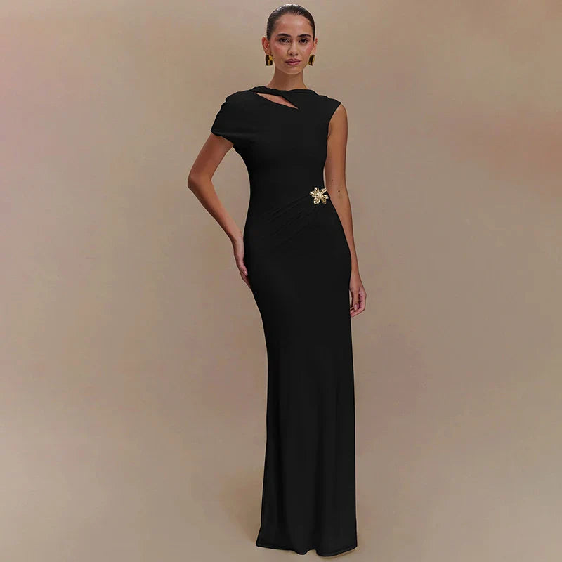 Hollow Out Metal Buckle Solid Short Sleeve Long Dress