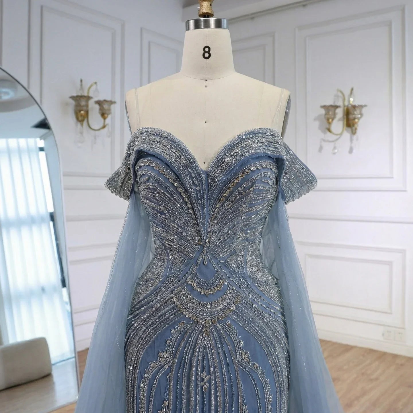 Zapdress Dusty Blue Off-Shoulder Evening Dress Heavy Beaded Mermaid Party Gown with Elegant Cape Sleeves Customized (ZD17286)
