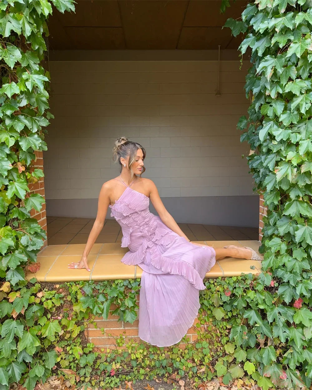 Purple Halter Pleated Prom Dress - View 2 | VelvetHem