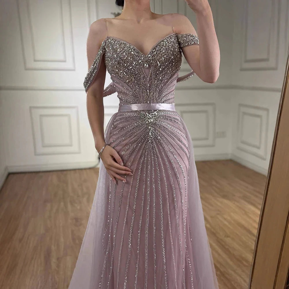 Zapdress 2026 Nude Luxury Beaded Mermaid Off Shoulder Evening Dress Formal Party Gowns for Women Customized (ZD17260)