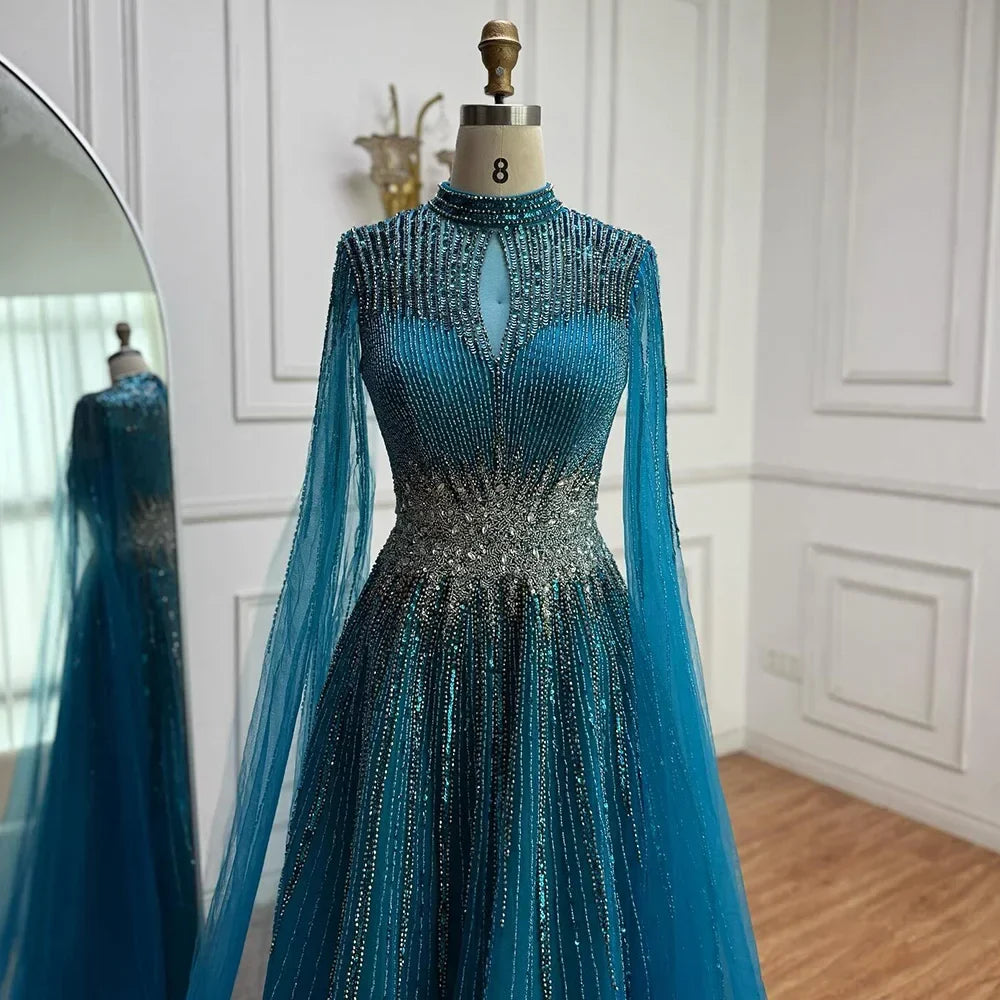 Elegant Modest Blue Beaded Evening Dress with Cape Sleeves Dubai Gown Zapdress 2025 Customized (ZD17239)