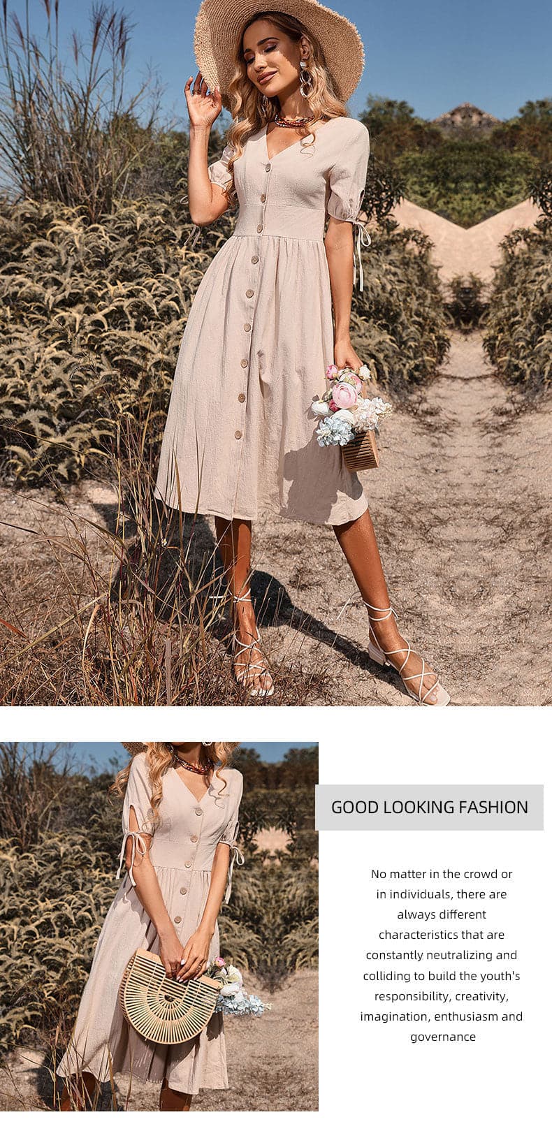 summer women's button short sleeve cotton linen V Neck bodycon dress