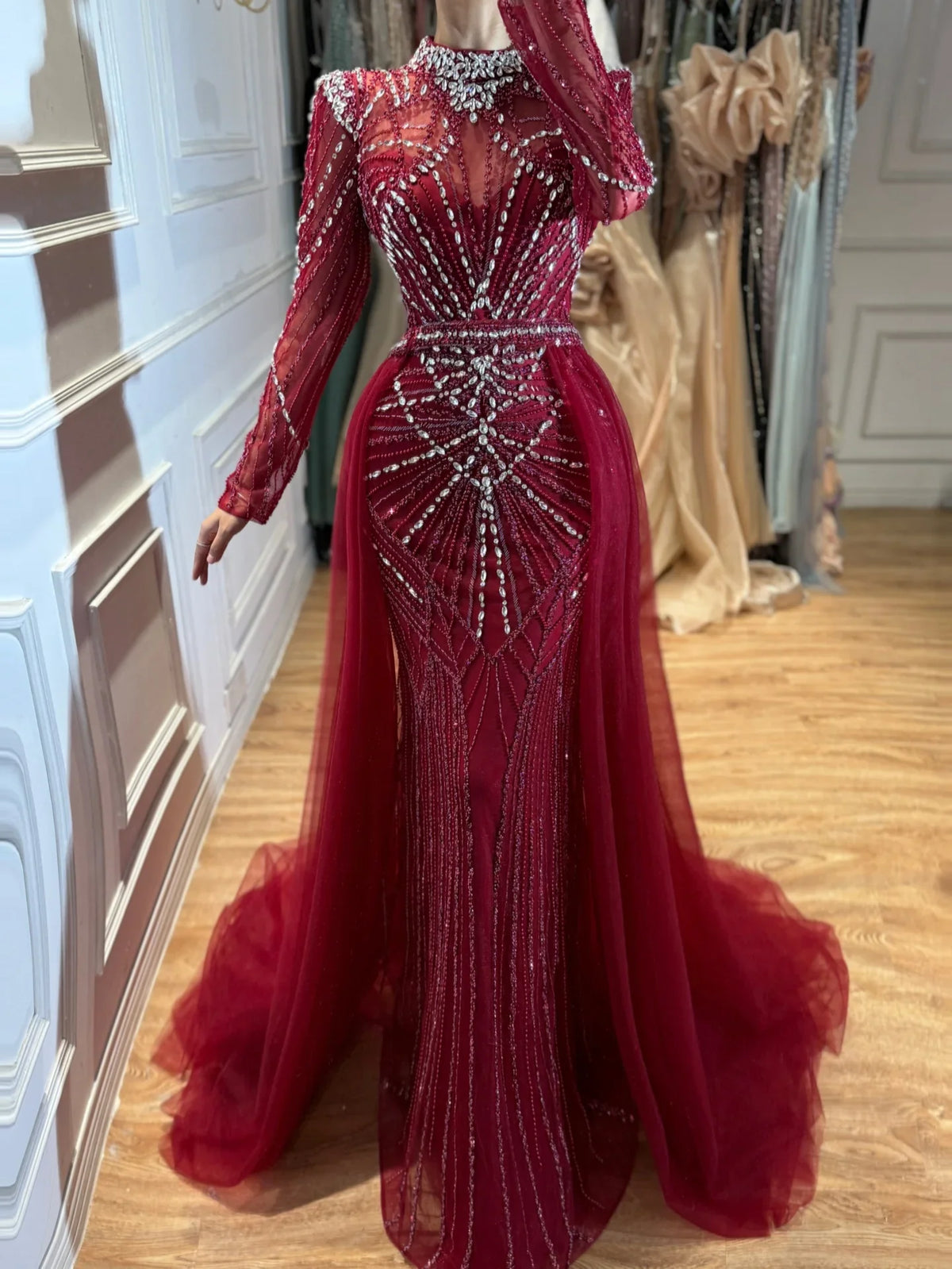 Zapdress Nude Muslim High Neck Mermaid Evening Gowns 2026 Long Sleeves Overskirt Party Dress for Women DLA73203A Customized (ZD17202)