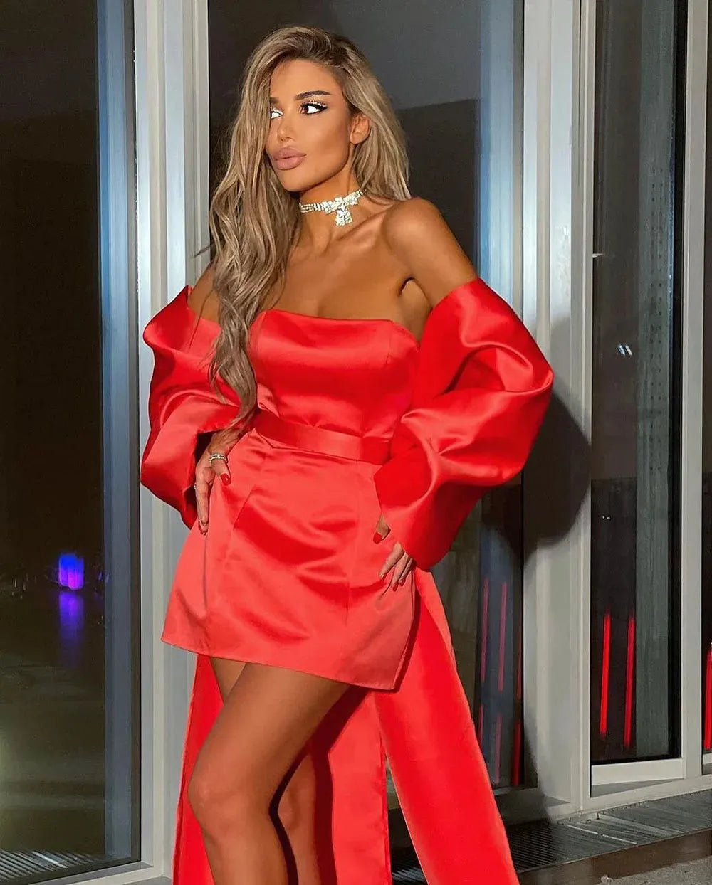 Red Satin Formal Evening Dresses Detachable Drapes Train Sexy Party Gown Saudi Arabric Prom Dress For Women