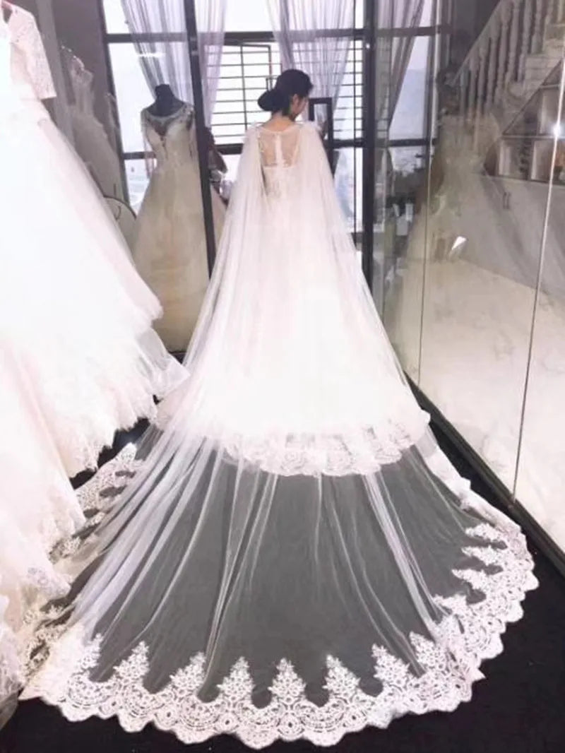 One Layer Lace Bridal Cape Cathedral Shoulder Veil Wedding Cloak " V" Split in White, Off-White ,Ivory White