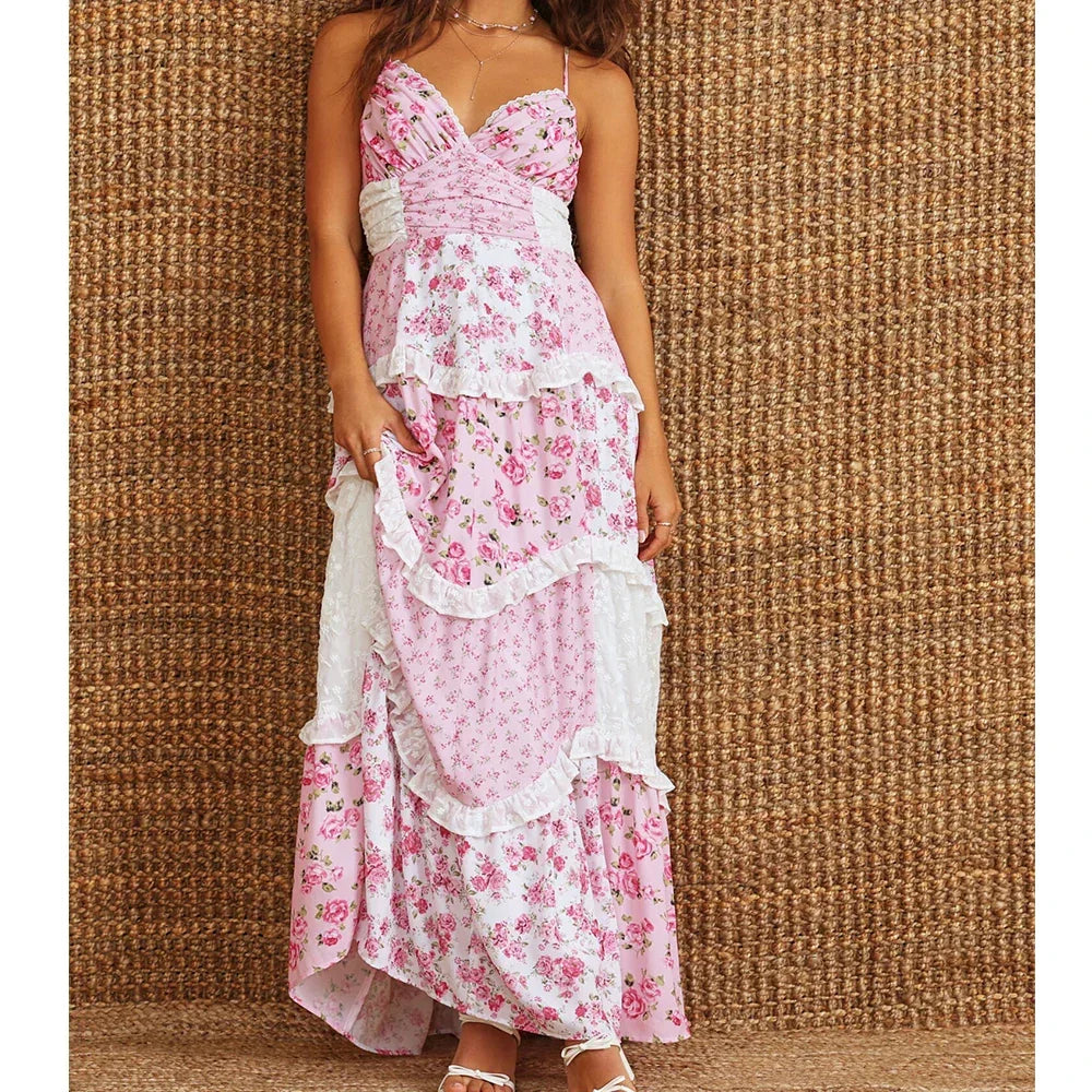 Boho Tie Shoulder Patchwork Floral Dress - VelvetHem