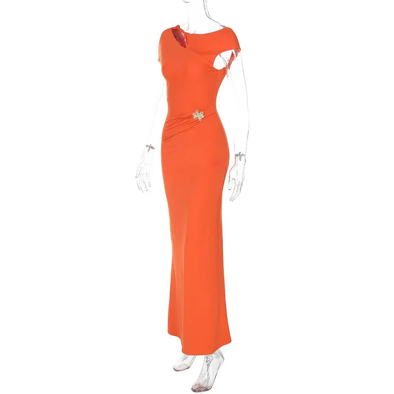 Hollow Out Metal Buckle Solid Short Sleeve Long Dress