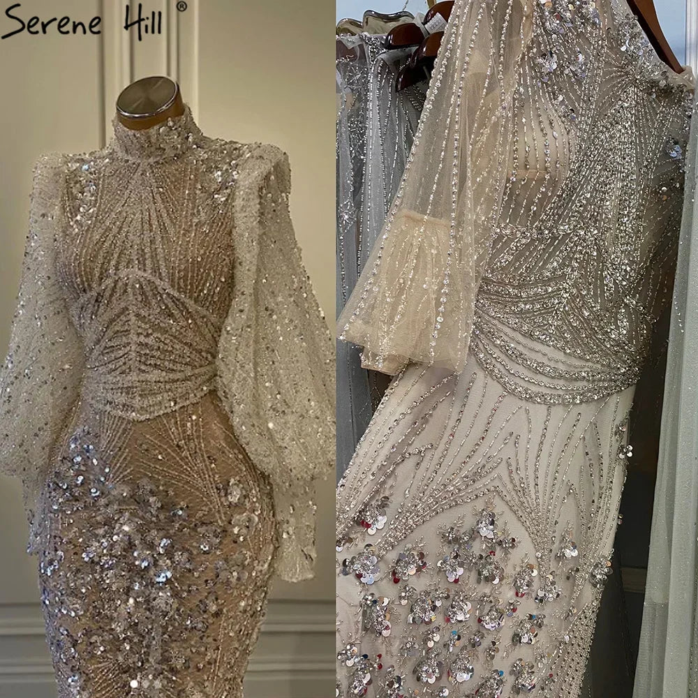 Zapdress Customized Silver Beaded Mermaid Evening Dresses 2025 Full Sleeves Elegant Party Gowns For Women (ZD17179)