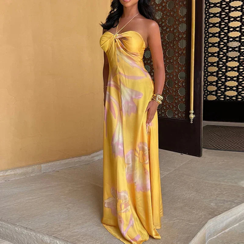 Halter Satin Hollow Slim Floral Dress - View 5 | VelvetHem