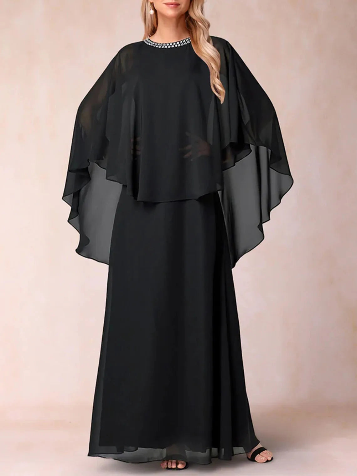 Elegant A-Line Long Evening Dress Chiffon Ruched Shawls Scoop Neck Floor-Length Mother of the Bride Dress Free Customized Black