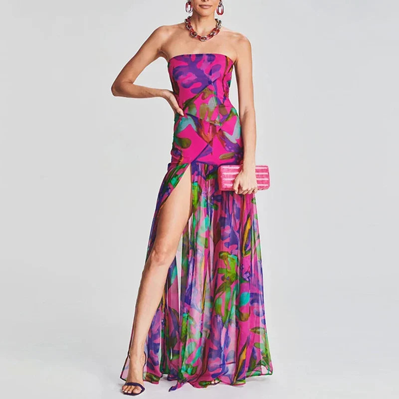 Printed Strapless Pleated Midi Dress - View 3 | VelvetHem