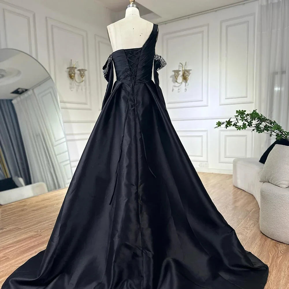 Zapdress 2025 Elegant Black One-Shoulder A Line Beaded Evening Dresses Gowns with Sleeveless For Party DLA72741 Customized (ZD17183)