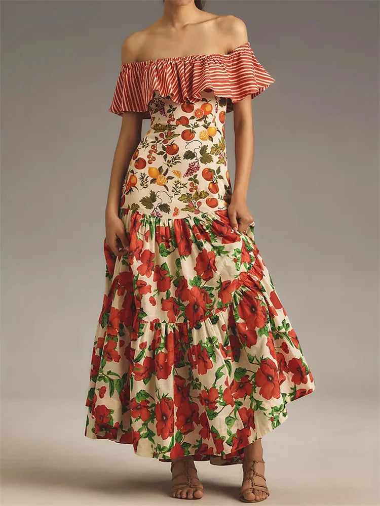 Slash Neck Ruffle Cocktail Floral Dress - VelvetHem