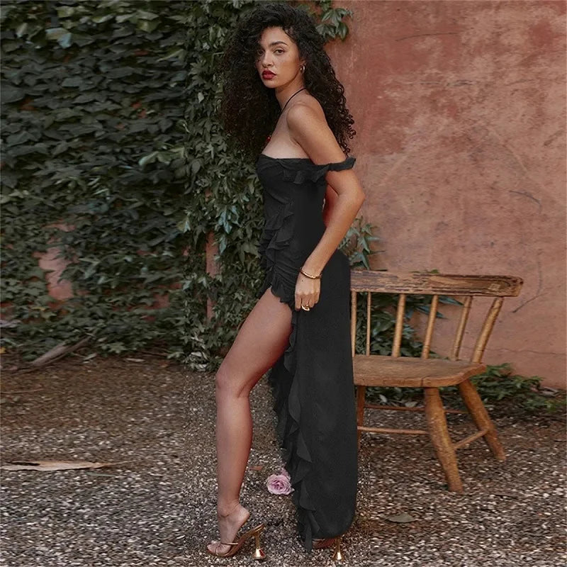 Ruffles Slash Neck Red Black Maxi Dress - View 3 | VelvetHem