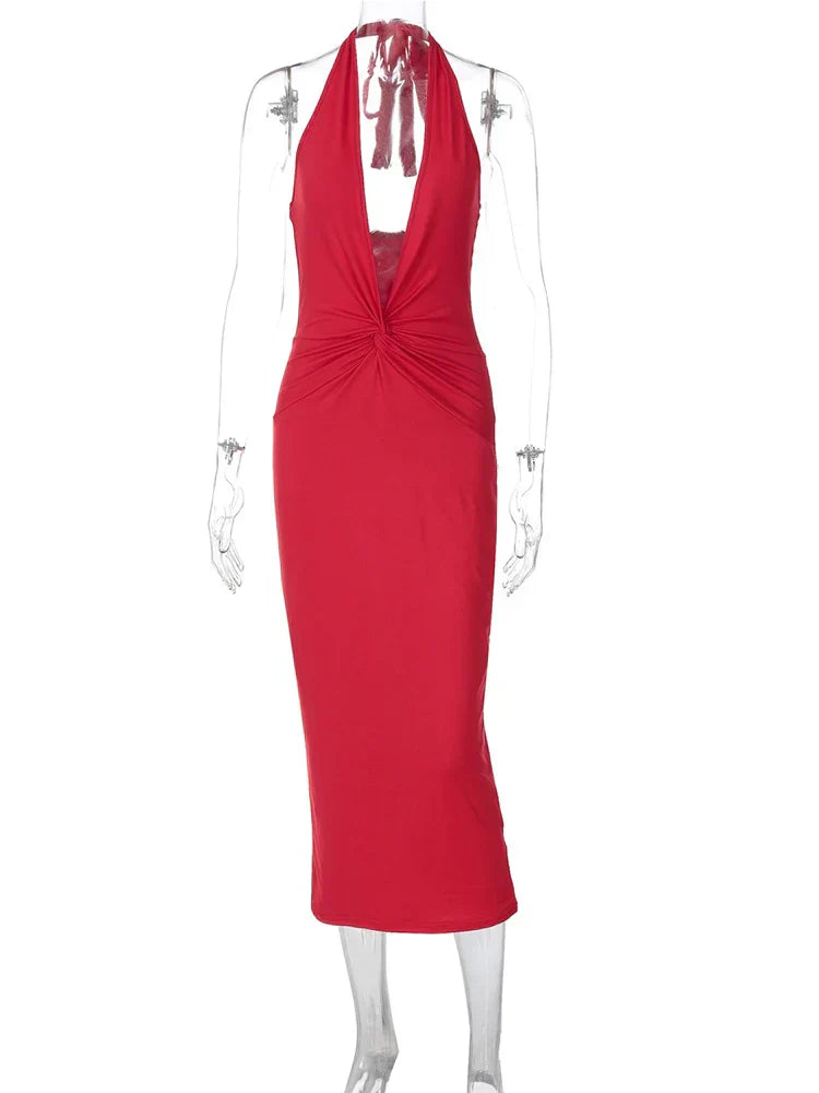Halter Neck V - Neck Backless Dress