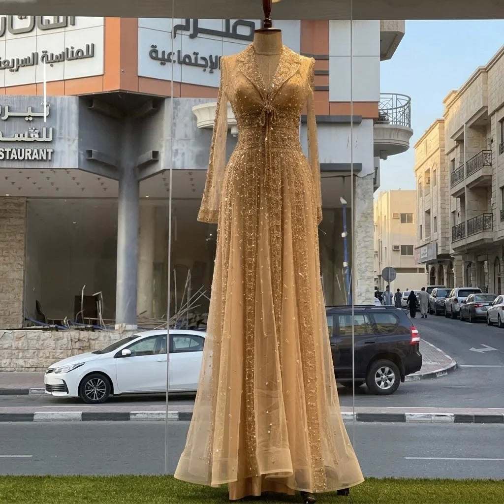 Zapdress Customized 2026 Lapel Collar Long Sleeve Evening Dress Luxury Beaded A-Line Modest Party Gowns (ZD17210)