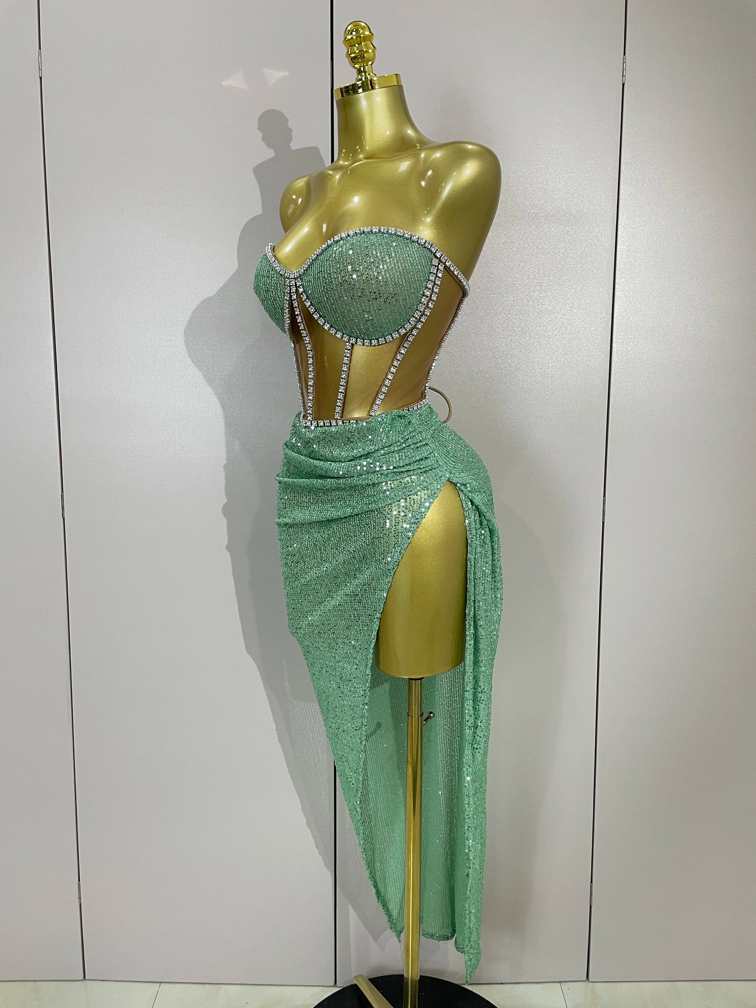 Sparkly Sequins Diamond Birthday Party Two Piece Set Evening Dress  Women Sexy Singer Dancer NightClub Bar Performan Costume