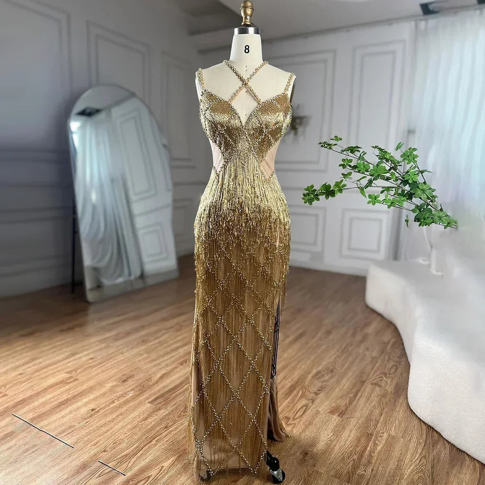 Zapdress Silver Mermaid Gold Evening Gowns Luxury Beaded Tassel Spaghetti Strap Party Dresses For Women DLA72280 Customized (ZD17197)