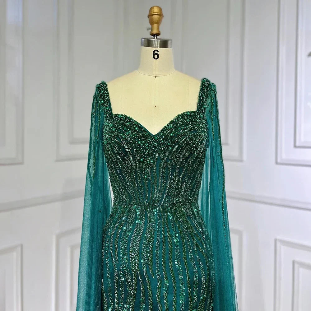 Zapdress Blue Mermaid Beaded Evening Dresses with Cape Sleeves Wedding Party Gowns for Women DLA71715 Customized (ZD17247)