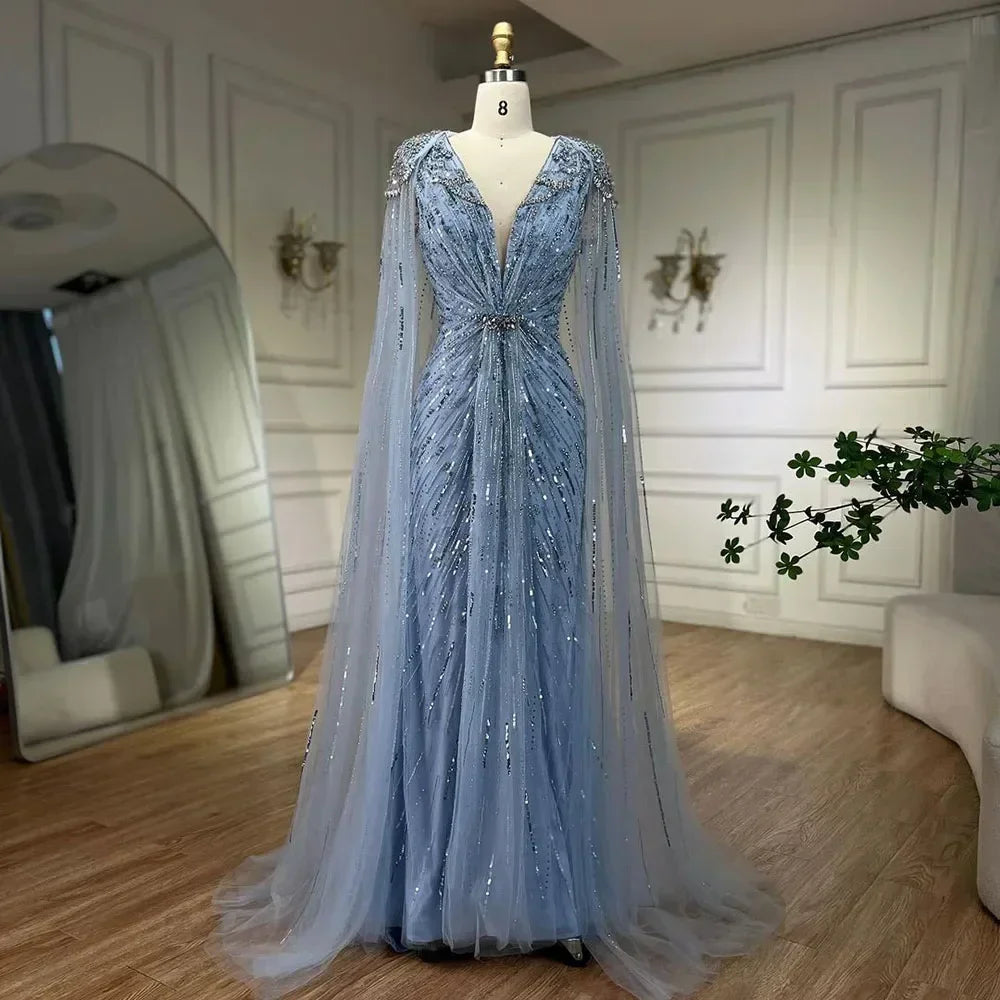Zapdress V-neck Turquoise Beaded Mermaid Evening Dress with Cape Plus Size Party Gowns for Women DLA72168A Customized (ZD17231)