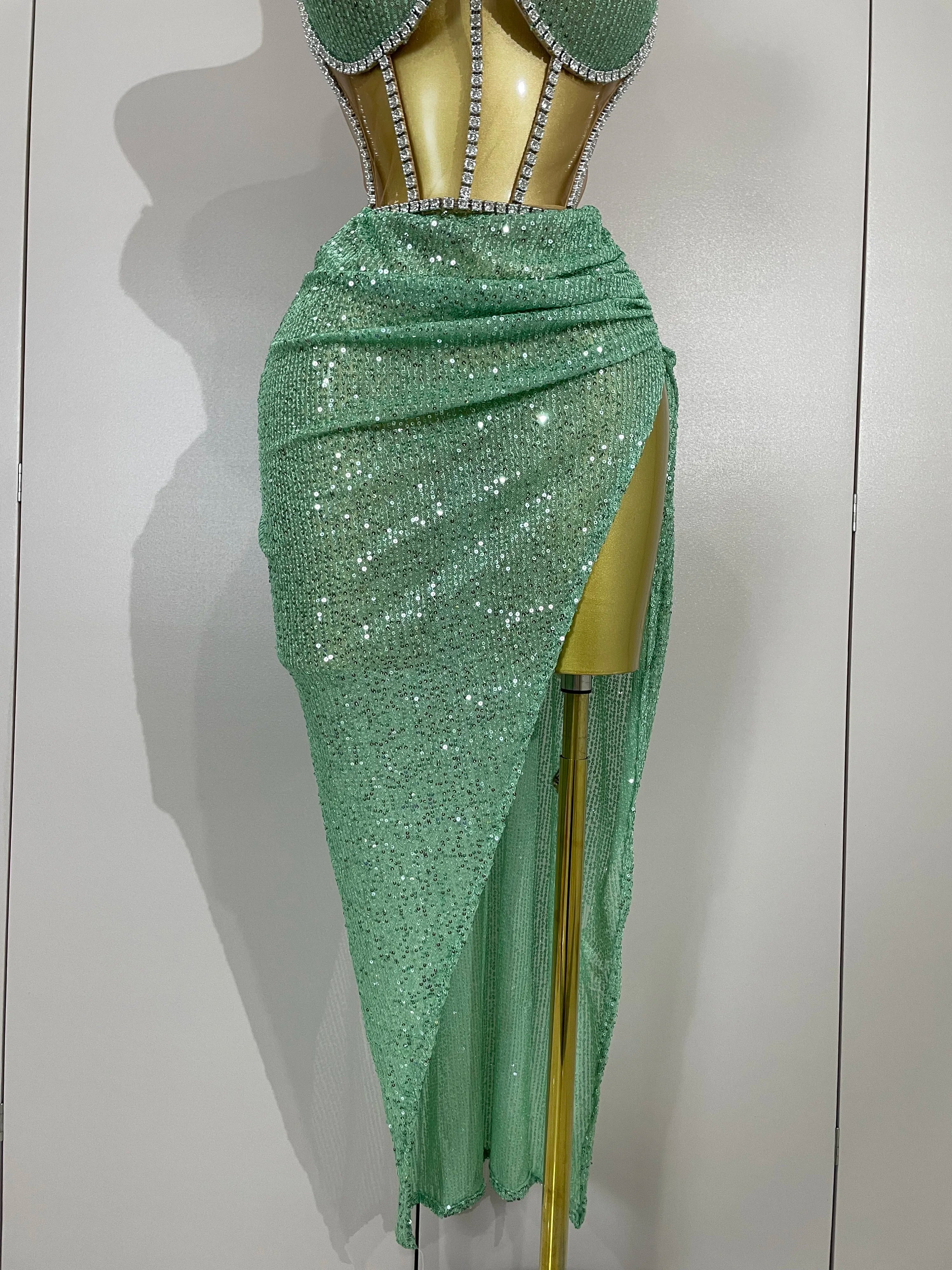 Sparkly Sequins Diamond Birthday Party Two Piece Set Evening Dress  Women Sexy Singer Dancer NightClub Bar Performan Costume