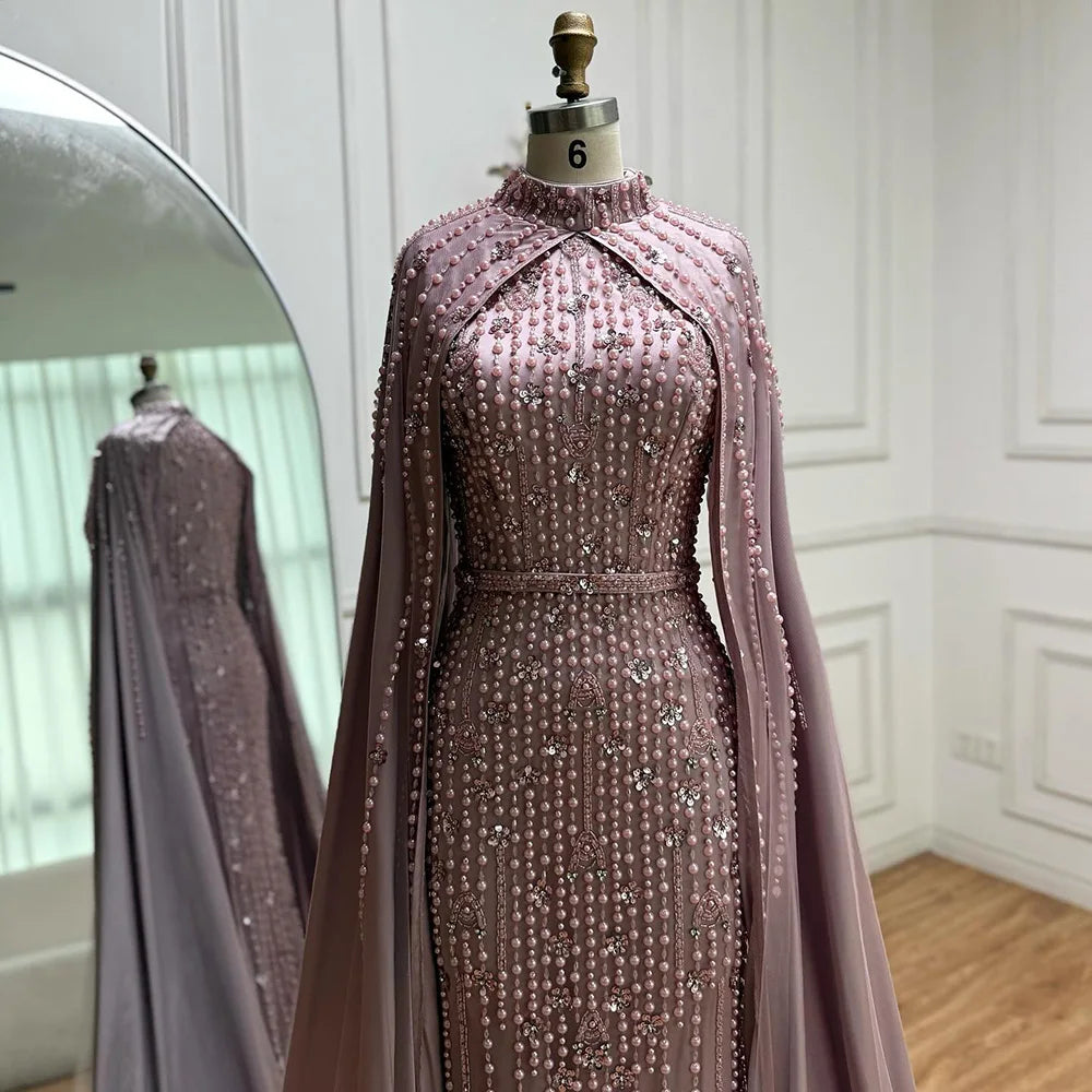 Zapdress Pink Long Sleeves High Neck Muslim Mermaid Beaded Evening Party Gown Dress with Cape for Women DLA72533 Customized (ZD17194)