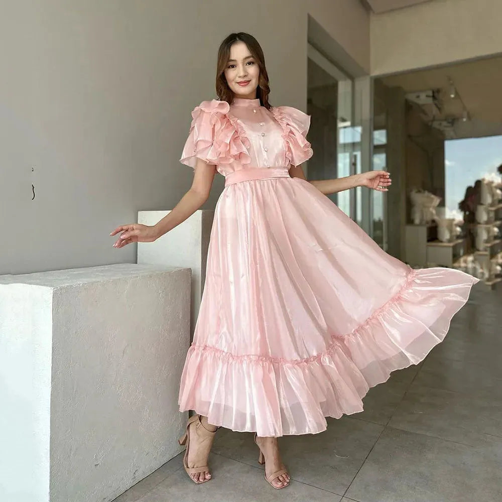 Elegant Pink Evening Dresses A-Line Puff Sleeves Prom Dresses Ankle Length Formal Prom Gowns Button Graduation Dress As Picture