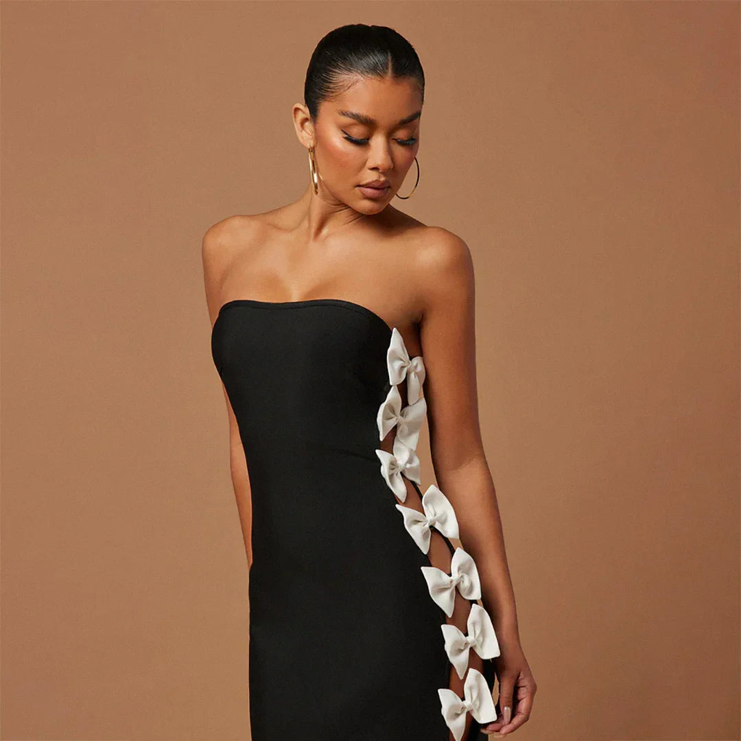 Black Color Women Sexy Strapless Side Bow Hollow Out Bodycon Bandage Midi Dress Nightclub Party Celebrate Evening Dress black