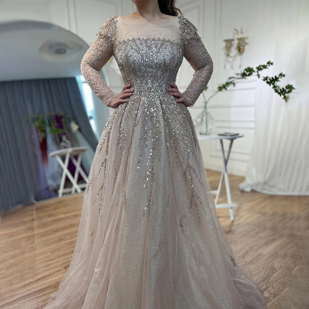 Zapdress Customized Pink Long Sleeves A Line Beaded Dubai Evening Dresses Party Gowns 2025 For Women Wedding (ZD17248)