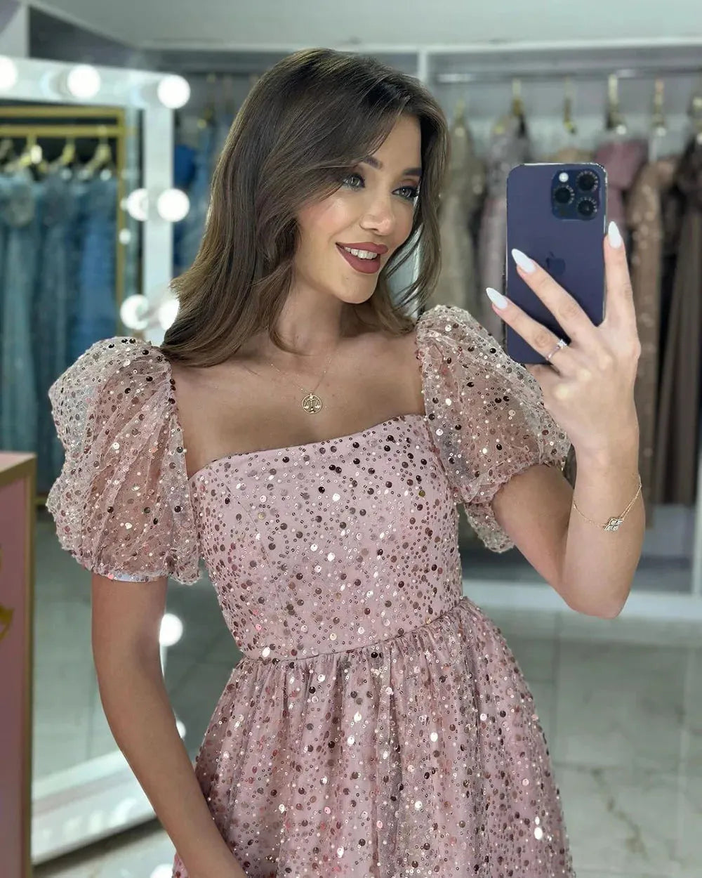 Pink Sequins Shiny Prom Dress Short Sleeves Special Occasion Gowns Prom Dresses Mother And Child Party Dress