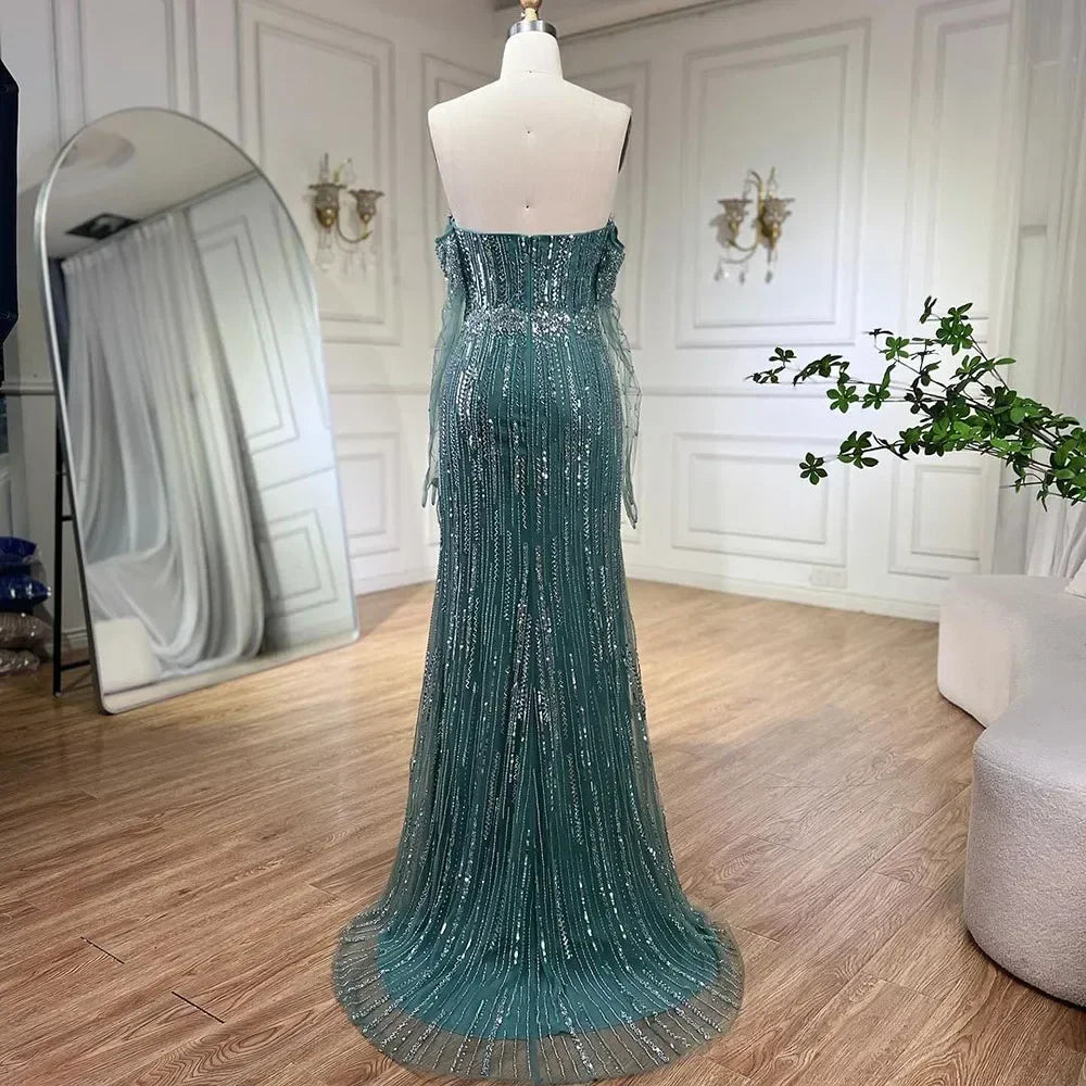 Zapdress Turquoise Strapless Mermaid Beaded Evening Party Dresses Gowns with Gloves Customized (ZD17249)