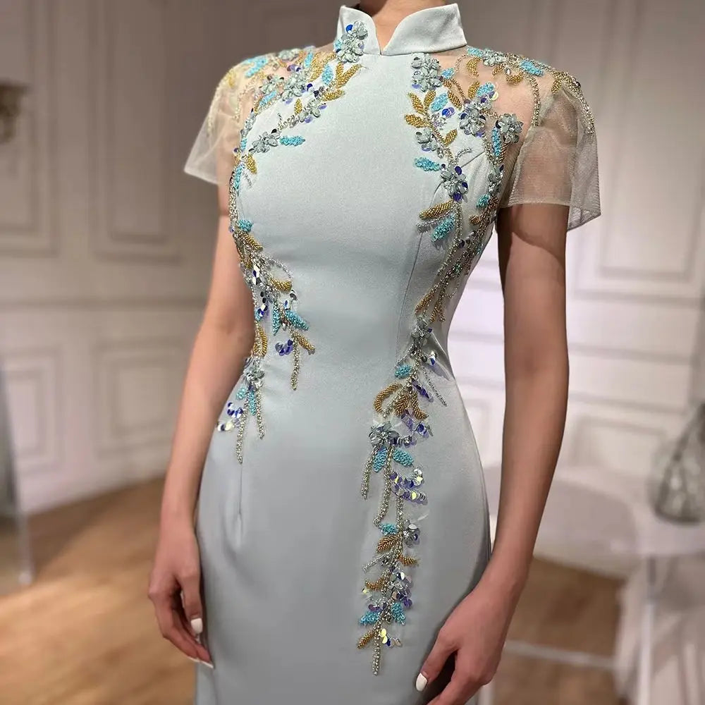 Zapdress Customized 2025 Saudi Mint Mermaid Beaded Satin Evening Dress Gown with for Formal Occasion (ZD17308)