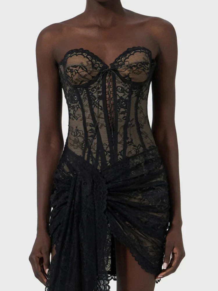 Lace-Up Corset Folds Draped Mini Lace Dress - View 4 | VelvetHem