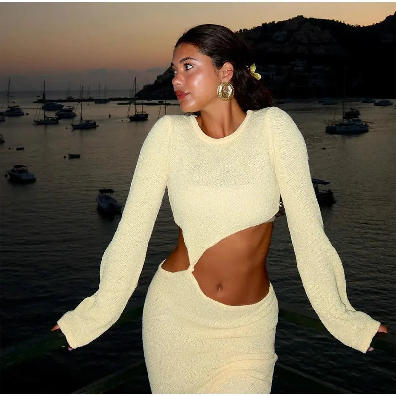 Knitted Hollow Out Solid O - neck Slit Maxi Dress