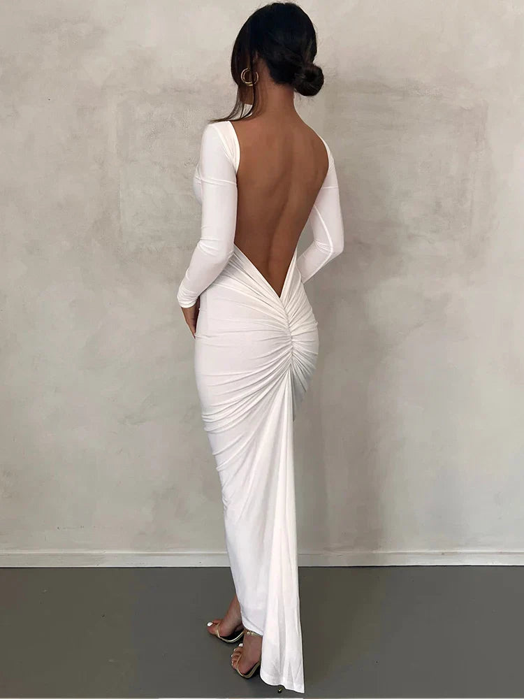 Draped Backless Long Sleeve Maxi Dress - View 7 | VelvetHem