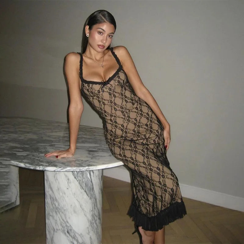 Mesh Lace Plunge Neck Midi Dress - View 2 | VelvetHem