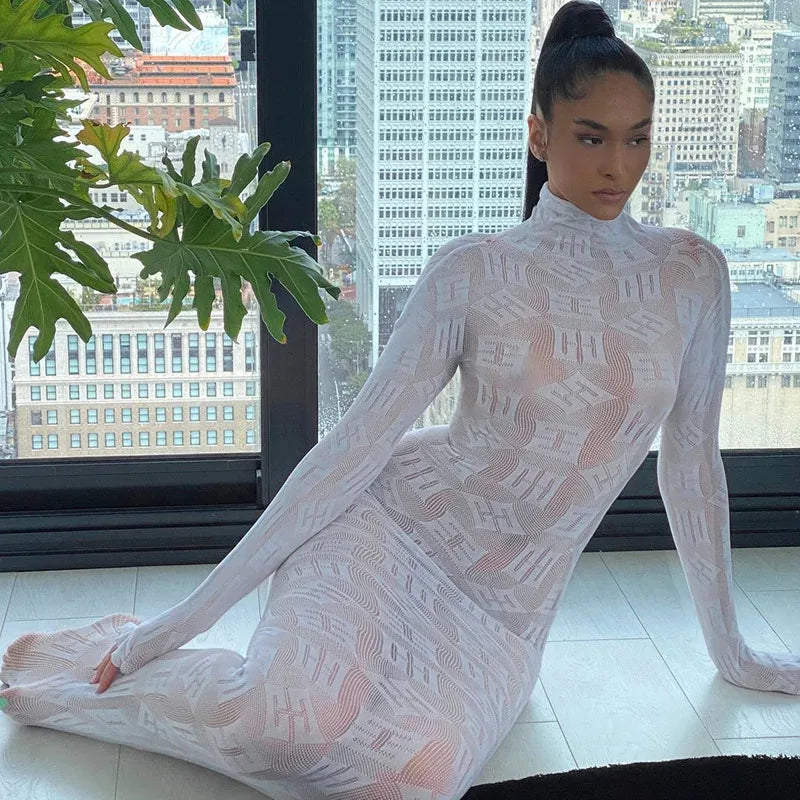 Sheer Sleeve Bodycon Long Party Dress - View 2 | VelvetHem